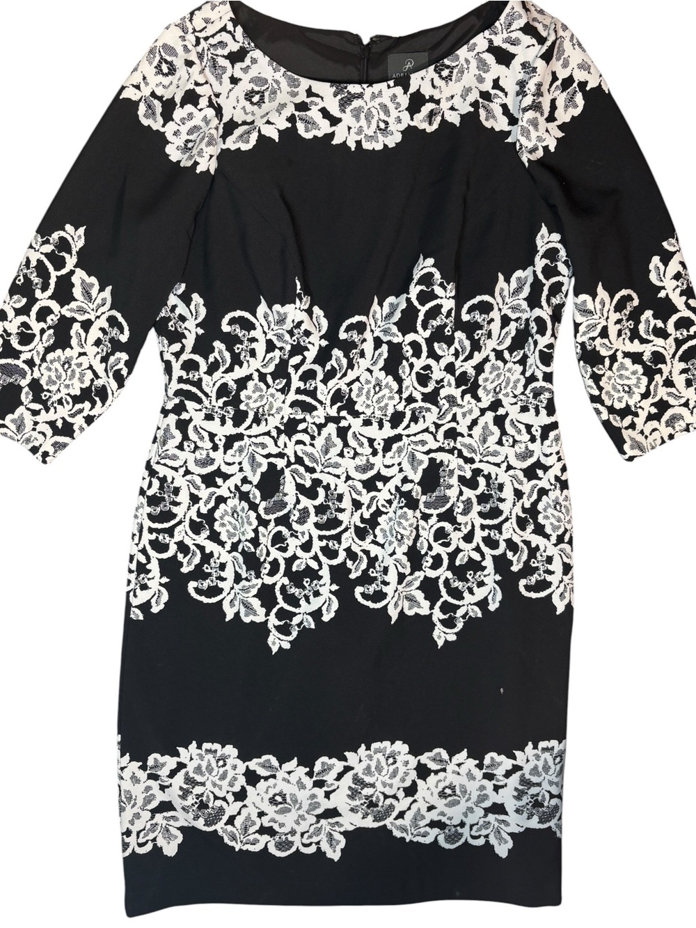Adrianna Papell Black White Floral Lace Print Sheath Dress Size 16
